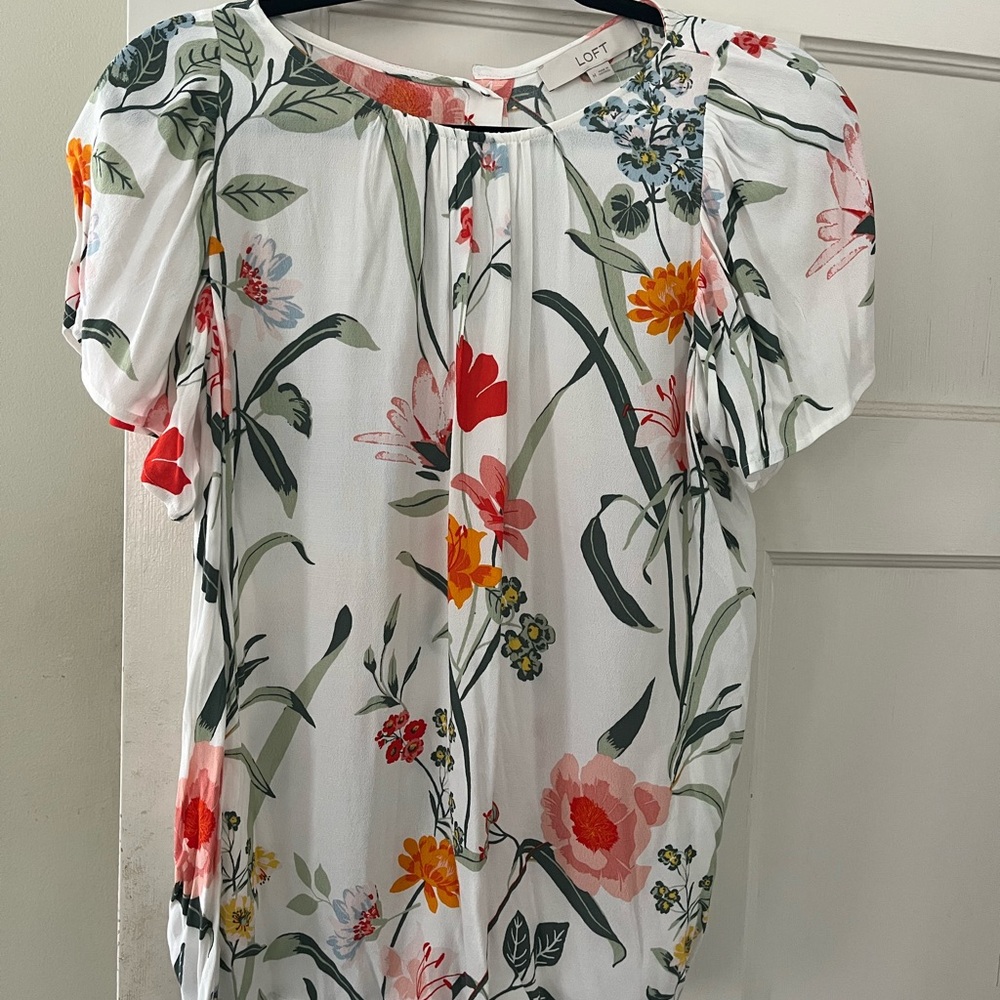 LOFT White and Green Pleated Blouse